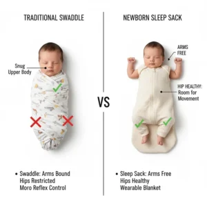Comparison diagram showing the difference between a traditional swaddle and a newborn sleep sack.