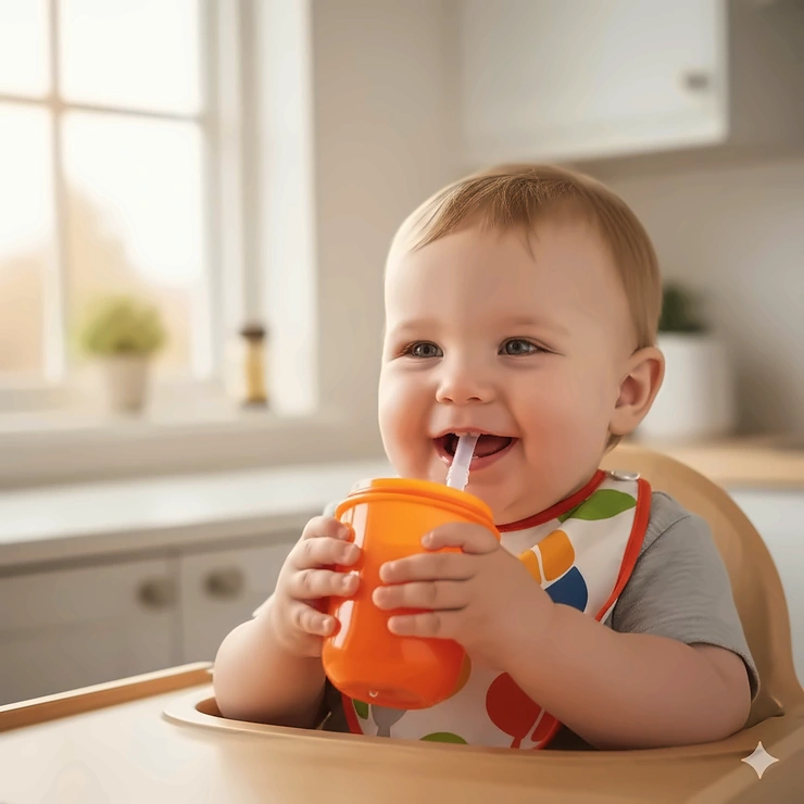 A happy toddler aged 1-3 years drinking comfortably from a straw sippy cup in their high chair.