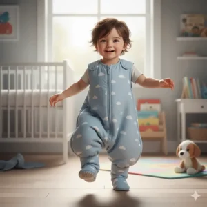 Illustration of a toddler standing and moving freely in a sleep sack with feet for better mobility.