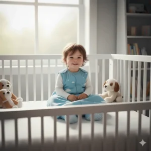 A toddler sitting up in bed wearing a sleep sack with feet, ready for the morning.