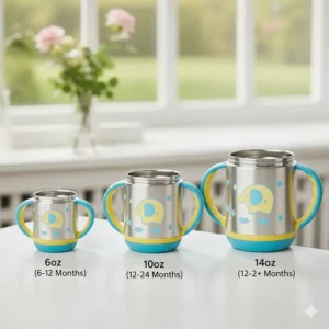 Comparison image illustrating the various sizes and capacities of stainless steel sippy cups suitable for different age ranges of toddlers.