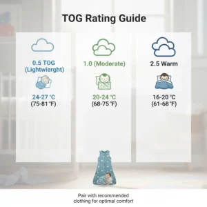 An infographic explaining different TOG weights for a toddler sleep sack with feet based on room temperature.