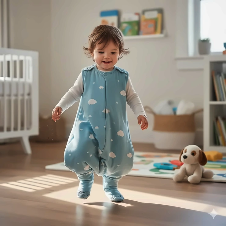 A toddler walking in a quilted sleep sack with feet openings, showing the transition from sleep to play. toddler sleep sack with feet