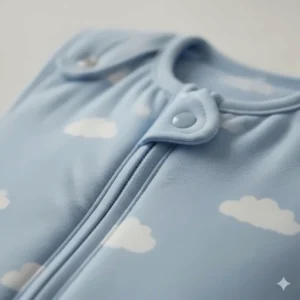 Detail shot of the safety zipper cover on a toddler sleep sack to prevent skin irritation.