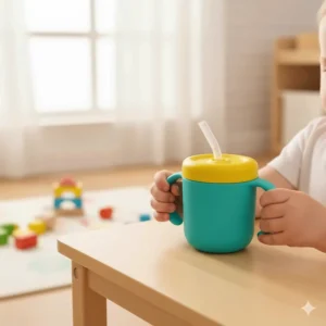 Image focusing on the easy-to-hold handles of the sippy cup with straw, designed for small toddler hands.