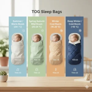 A temperature guide for choosing the right TOG-rated sleep bag for baby based on room climate.