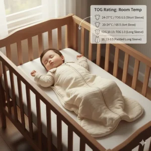 Chart showing the appropriate TOG rating for a long sleeve sleep sack in cool room temperatures.