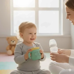 Illustrating the sippy cup with straw as a successful tool for toddler transition from bottles or nursing.