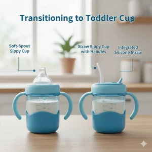 Side-by-side comparison of a soft-spout sippy cup and a straw sippy cup with handles, ideal for babies transitioning to toddlers.