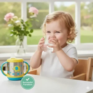 Photo showing a toddler successfully transitioning from a spill-proof stainless steel sippy cup to an open-mouth drinking cup.