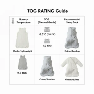 A chart explaining different transition sleep sack thicknesses (TOG ratings) for various nursery temperatures.