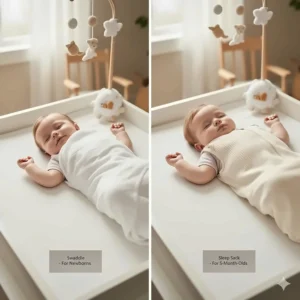 Side-by-side comparison of a swaddle and a sleep sack, showing the transition for a 5-month-old baby who has outgrown the need for swaddling.