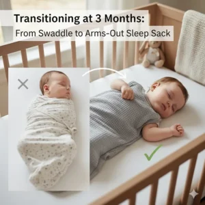 Photo showing a baby transitioning from a traditional swaddle to an arms-out sleep sack around the three-month mark.