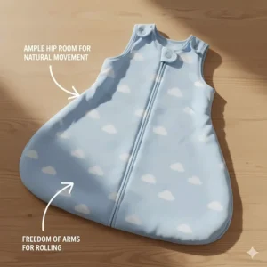 A transitional sleep sack with detachable sleeves, ideal for the stage when a baby is beginning to roll and needs to transition out of a traditional swaddle.