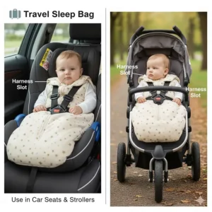 A travel-friendly sleep bag for baby with a harness slot for use in strollers and car seats.