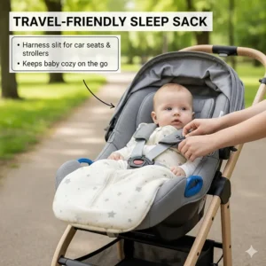 Image showing a travel-friendly sleep sack with a harness slit, suitable for use with a stroller or car seat for a 4-month-old on the go.