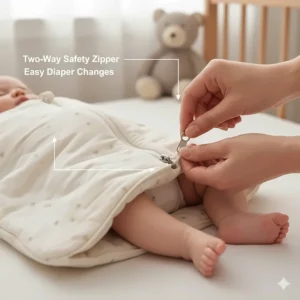 Close-up illustration of a two-way safety zipper on a sleep bag for baby for easy diaper changes.