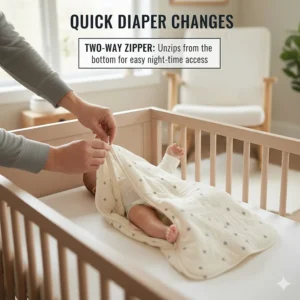 Illustration of the two-way zipper feature on a sleep sack, making middle-of-the-night diaper changes easier for a 4-month-old.