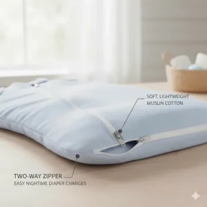 A detailed view of a two-way zipper on a summer sleep sack for easy nighttime diaper changes.