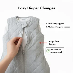 Close-up illustration of a two-way zipper on a transition sleep sack, demonstrating easy access for nighttime diaper changes.