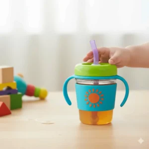 A colorful weighted straw sippy cup, recommended as one of the best sippy cups by age for 7- to 9-month-old babies learning to sip from any angle.