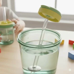 Detail showing the weighted straw inside the sippy cup, allowing toddlers to drink from any angle.