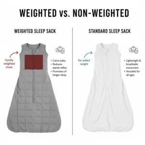 Comparison illustration between a gently weighted transition sleep sack and a standard cotton wearable blanket.