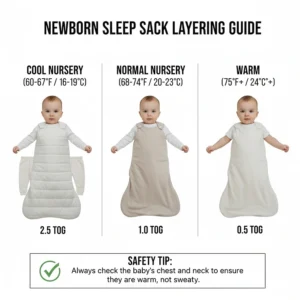Visual guide showing what clothes to layer under newborn sleep sacks for optimal warmth.