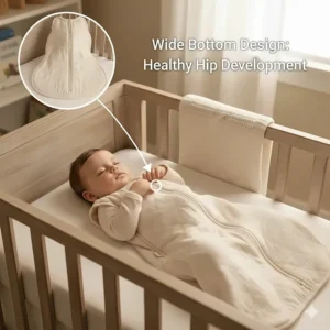 Illustration of the bell-shaped bottom of a long sleeve sleep sack allowing for healthy hip development.