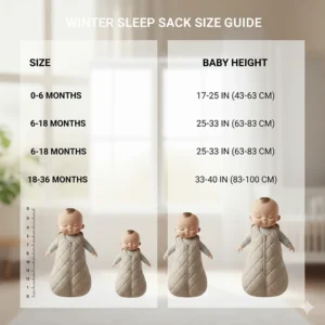 A detailed size chart for winter sleep sacks ranging from 0 to 36 months.