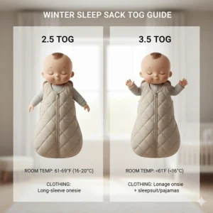 An infographic explaining the 2.5 TOG and 3.5 TOG ratings for a winter sleep sack.
