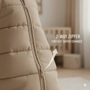 Illustration highlighting the two-way zipper feature on a winter sleep sack for easy diaper changes.