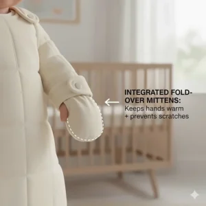 Close-up illustration of integrated fold-over mittens on a long-sleeve winter sleep sack.