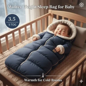 A thick, long-sleeved winter sleep bag for baby designed for colder nursery temperatures.
