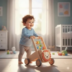 A classic wooden push walker designed to help toddlers balance while learning to walk.