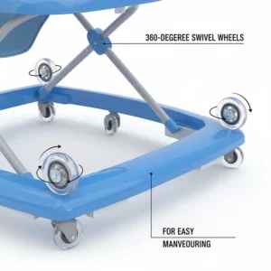 Top-down view illustration showing the 360-degree swivel wheels on an adjustable height baby walker for easy maneuvering.