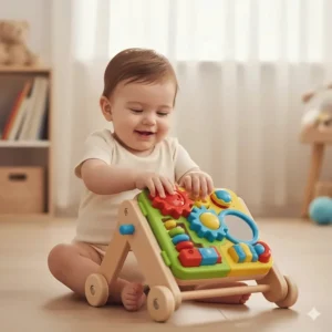 Illustration of a baby sitting on the floor playing with the interactive buttons and gears on a sit-to-stand walker.