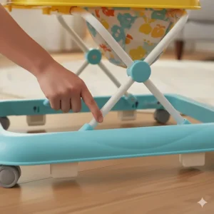 Side view showing the three-position height adjustment feature on a walker for growing infants.