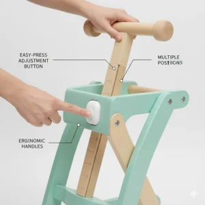 Close-up illustration of a baby walker's height adjustment mechanism to ensure proper leg positioning.
