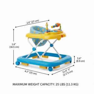 Technical drawing showing the width, length, and weight limits of a standard adjustable height baby walker.