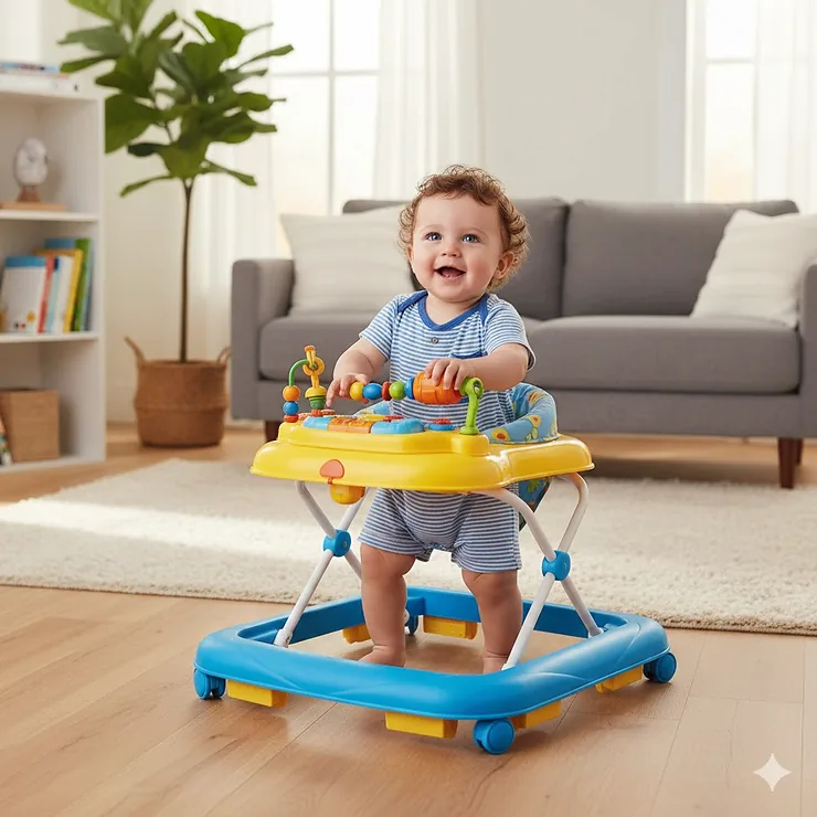 A baby boy using a colorful adjustable height baby walker on a hardwood floor in a bright living room.