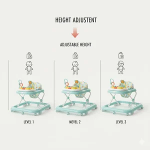 Diagram showing three different height levels of a foldable baby walker to accommodate growing infants.