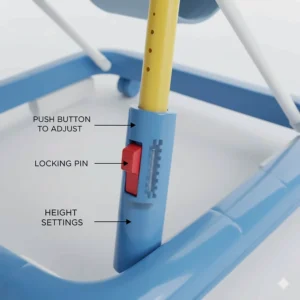 Close-up illustration showing the locking mechanism used to adjust the height of a baby walker for growing toddlers.