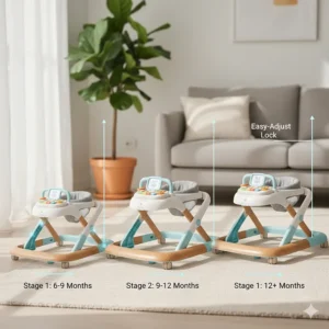 Illustration of adjustable height settings on a smart baby walker to accommodate growing infants.