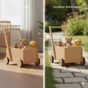 Illustration of a sturdy push walker for baby being used on both hardwood floors and a paved garden path.