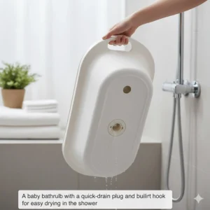 A baby bathtub with a quick-drain plug and built-in hook for easy drying in the shower.
