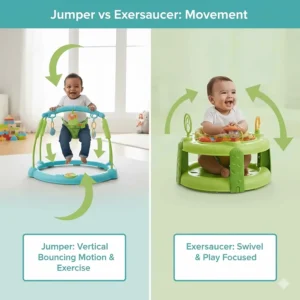 Illustration showing the vertical bouncing movement of a jumper compared to the swivel and play focus of an exersaucer.