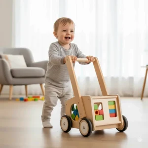 A toddler practicing walking safely by using a sturdy wooden push-along toy with blocks.