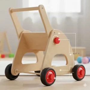 Illustration of a push walker for baby featuring adjustable speed tension and non-slip rubber wheels.