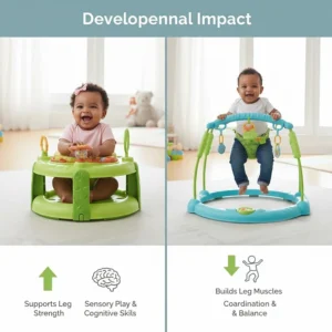 Illustration showing how exersaucers and jumpers support a baby's leg strength and sensory play.